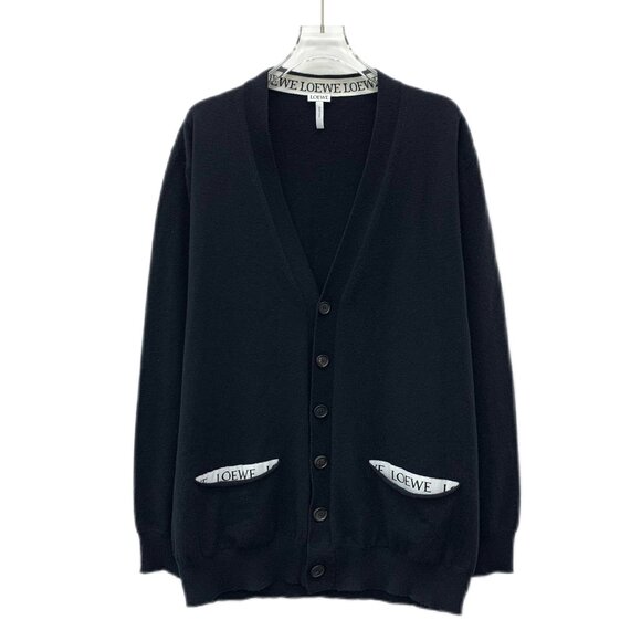 DM0086 Loewe black logo wool V-neck single-breasted long-sleeved knitted cardiga